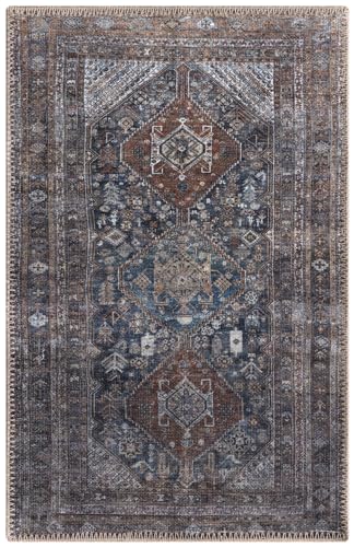 Keen Home Design 24"x36" Rug - Machine Washable Entry Rug with Non-Slip Backing, Ideal for Enteryway, Kitchen, Bathroom, Laundry Room - Vintage, Easy Clean, Durable, Low Pile - (2' x 3') - color: Navy/Brown, size: 2' x 3' (Rectangular)