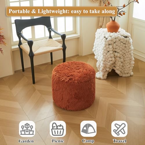 XeGe Fluffy Faux Fur Inflatable Pouf Ottoman, Soft Fuzzy Foot Stool, Plush Furry Foot Rest Floor Pouf Anti-Slip for Kids Girls Adult, Cute Foldable Round Ottoman Cushion Living Room, Burnt Orange - color: Burnt Orange, size: 20"x20"x16"