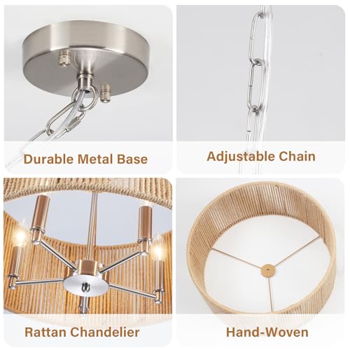 Rattan Chandelier for Dining Room, 5-Light Large Farmhouse Chandeliers Hand Woven Boho Pendant Light Fixture, 19'' Brushed Nickel Wicker Chandelier for Foyer Hallway Bedroom Kitchen Living Room - color: 5-Light Nickel