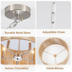 Rattan Chandelier for Dining Room, 5-Light Large Farmhouse Chandeliers Hand Woven Boho Pendant Light Fixture, 19'' Brushed Nickel Wicker Chandelier for Foyer Hallway Bedroom Kitchen Living Room - color: 5-Light Nickel