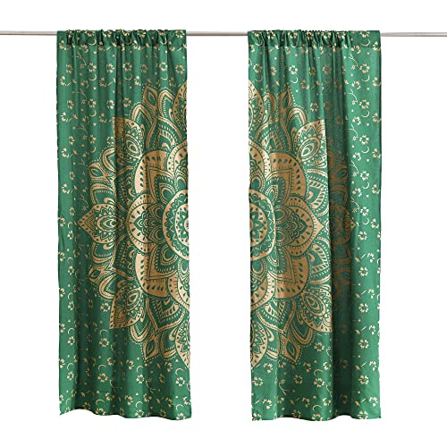 Popular Handicrafts Printed Curtains for Living Room Set of 2 Indian Hippie Bohemian Beautiful Ombre Color Mandala Curtain for Bedroom Panels Green Gold 25 x 74 Inches - color: Green Dye Gold, size: 25"W x 74"L (Pack of 2)