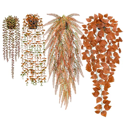 Der Rose 4Pcs Fake Fall Plants Hanging Orange Artificial Eucalyptus Plants, Boston Fern, Fake Potho, String of Pearls for Halloween Bathroom Table Centerpiece Wall Mantle Decor Indoor and Outdoor - color: Black Pots-4pcs Orange