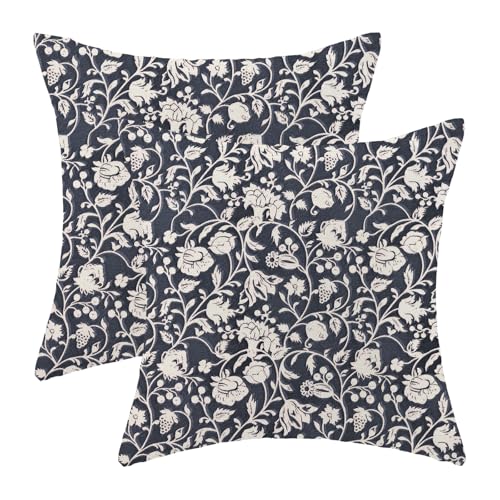 Navy Blue Floral Throw Pillow Covers 18x18 Set of 2, Flower Print Linen Decorative Pillow Covers Neutral Vintage Decoration Outdoor Cushion Cover Floral Pillowcase for Sofa Couch Farmhouse - color: Print Navy Blue, size: 18" x 18" (Pack of 2)