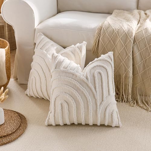 vctops Boho Throw Pillow Covers Set of 2, Modern Mid Century Arched Tufted Decorative Cushion Cover Farmhouse Rustic Geometric Textured Pillowcases for Sofa Bed Living Room (White,18"x18") - color: White
