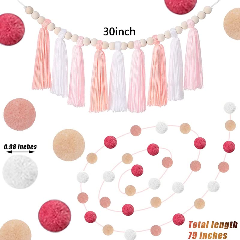 3PCS/Set Boho Tassel Garland,BetterJonny Boho Tassel Garland Wall Hanging Decor Pastel Banner with Wood Beads and 2Pcs Pom Pom Felt Ball for Home and Outdoor Decor - color: Style -1