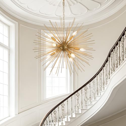 Modern 28.34" Gold Sputnik Chandelier 9-Light Mid-Century Starburst Chandeliers Solid Metal Satellite Firework Urchin Light Fixture for High Ceilings Dining Room Kitchen Living Room, E12 - color: Golden 28.34" 9-Light