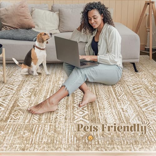 6x9 Area Rugs for Living Room: Washable Moroccan Geometric Boho Rug Farmhouse Non Slip Stain Resistant Large Rug Low Pile Soft Carpet for Bedroom Dining Room Home Office Kids Room (Light Brown,6'x9') - color: Light Brown, size: 6' x 9' (Rectangular)