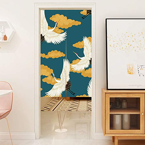 LIGICKY Noren Japanese Style Doorway Curtain Cranes Printed Linen Window Treatment Door Tapestry for Home Decoration 33.5" Width x 59" Long - color: Cran Flying on Yellow Cloud, size: 33.5"W x 59"L (Pack of 1)