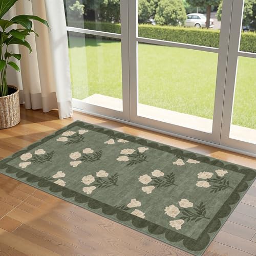 Front Door Mat Indoor Entrance - 2x4.3 Ft Floral Washable Layered Doormat Outdoor Entrance Porch Rug Non-Slip Sage Green Boho Runner Rug for Kitchen Hallway Bedroom Laundry Room Porch Decor - color: Flower - Green, size: 2' x 4'3" (Rectangular)
