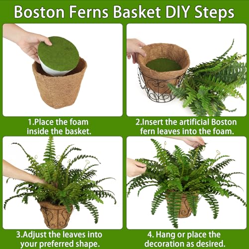 2 Set Artificial Hanging Ferns for Outdoors with Hanging Baskets, UV Resistant Artificial Outdoor Plants, Faux Ferns Outdoor Hanging Basket for Front Porch Garden