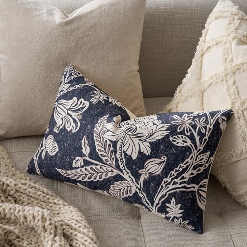 Navy Floral Pillow Covers 12x20：100% Cotton Vintage Throw Pillows Decorative Covers blue Boho Patterned Accent Modern Neutral Covers — Couch Sofa Bed Living Room Farmhouse Pillowcases Pack of 2 - color: Bf-navy Blue, size: 20" x 12" (Pack of 2)