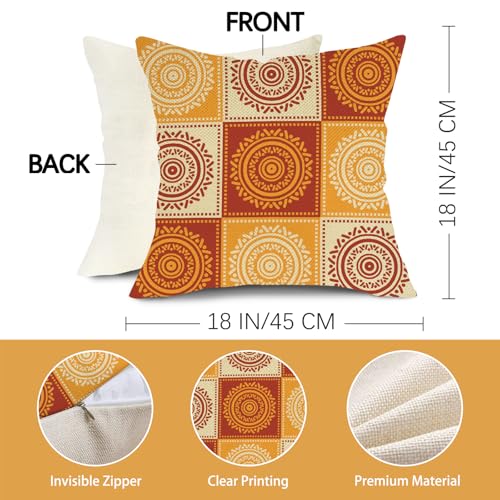 Boho Yellow Orange Mandala Decorative Throw Pillow Covers 18 x 18 Set of 2, Bohemian Vintage Abstract Circular Floral Porch Outdoor Home Decor, Geometric Flower Ethnic Sofa Couch Cushion Case