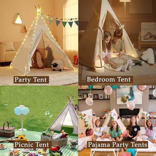 MBJZSL 6 Packs Teepee Tent for Kids with 10ft String Lights, Indoor Play Teepee Tent for Girls & Boys, Foldable Tents for Birthday Party Boho Sleepovers Party Pajama Party (White)