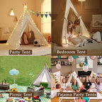 MBJZSL 6 Packs Teepee Tent for Kids with 10ft String Lights, Indoor Play Teepee Tent for Girls & Boys, Foldable Tents for Birthday Party Boho Sleepovers Party Pajama Party (White)