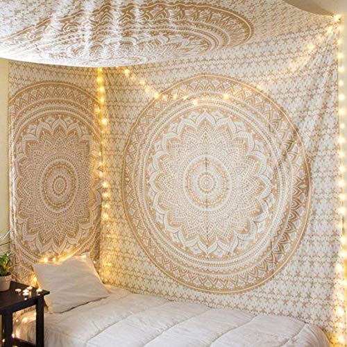 ANJANIYA Ombre Wall Hanging Bohemian Tapestry, Metallic Wall Art Bedspread, Psychedelic Hippie Mandala Dorm Décor for Hanging, Bedding, Beach Coverlet Curtain, Gold, Twin 55"X85" - color: Gold, size: 85"L x 55"W