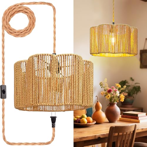 Hanging Lights with Plug in Cord Rattan Hanging Lamp Boho Ceiling Light Fixtures Farmhouse Pendant Lamp Shape for Living Room Bedroom Kitchen - size: 12.6 Inch-Flower Barrel Shade