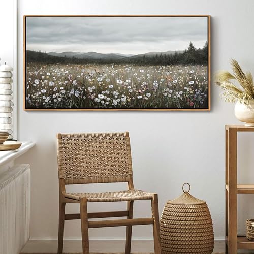 HGUAOA Vintage Landscape Wall Art for Bedroom and Living Room - Large Floral Artworks Farmhouse Wall Decor - Framed Neutral Nature Pictures - Above Bed Wall Decor with Mountain Scenery 24×48IN - color: Vintage-F, size: 48"L x 24"W