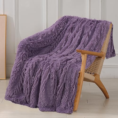 Tuddrom Decorative Extra Soft Fuzzy Faux Fur Throw Blanket 50" x 60",Solid Reversible Long Hair Shaggy Blanket,Fluffy Plush Comfy Microfiber Fleece Blanket for Couch Sofa Bedroom,Patrican Purple - color: Patrican Purple, size: Throw-50" x 60"