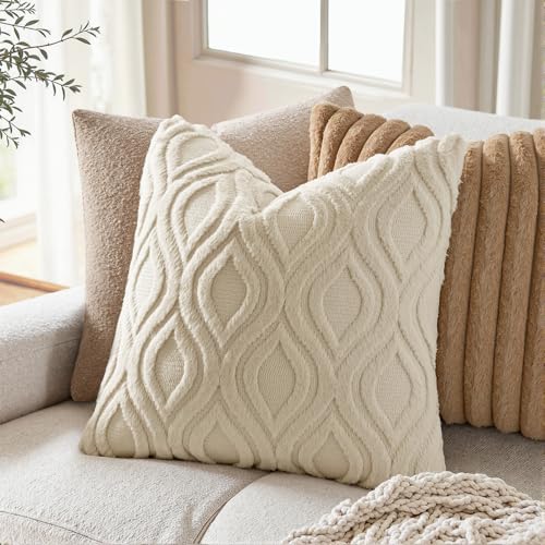 MIULEE Beige Throw Pillow Covers 18x18 Inch, Neutral Soft Plush Faux Wool Solid Couch Pillows Set of 2, Decorative Farmhouse Boho Cushion Covers for Sofa Living Room Bed Home Decor - color: Beige, size: 18" x 18" (Pack of 2)