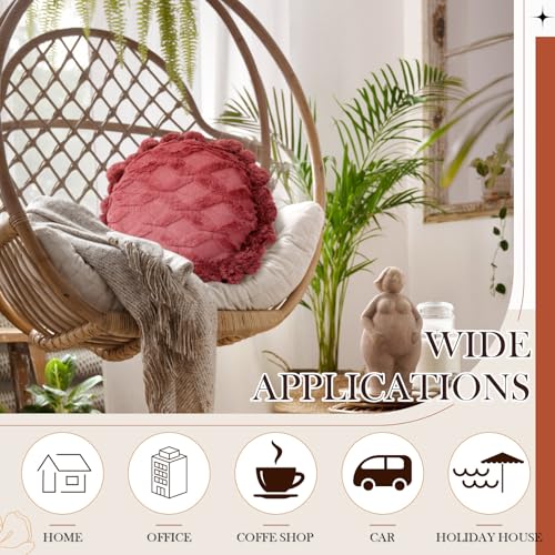 Tranqun 2 Pcs Boho Throw Pillows Cover 15.7 Inch Round Bohemian Decorative Pillow Covers Throw Pillow Cover Hand Tufted with Textured Pom Poms Cushion for Couch Sofa Bed Yoga (Red Rust Color) - color: Red Rust Color