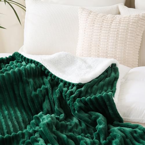 Green Sherpa Fleece Throw Blanket 50”×60” for Couch Sofa Bed,Double Side Soft Fuzzy Cozy Plush Thick Flannel Blanket with Striped Design Gift for Adults,Woman,Girls - color: Green, size: 50×60inch