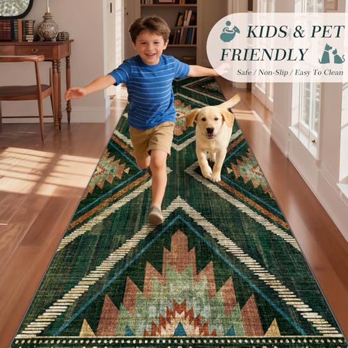 3x12Ft Boho Runner Rugs for Hallway Non Slip, Long Wide Green Geometric Washable Kitchen Rug Runner, Soft Moroccan Entryway Floor Carpets for Entrance Doorway Office Decor - color: Green, size: 3' x 12' (Rectangular)