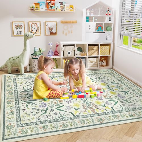 Amearea 6x9 Feet Floral Area Rugs for Living Room, Green Rugs for Bedroom Girls, Cute Kids Room Print Carpet Vintage Low Pile Machine Washable Area Rugs, Office Nursery Dining Room Farmhouse Decor - color: Green, size: 6x9 Feet