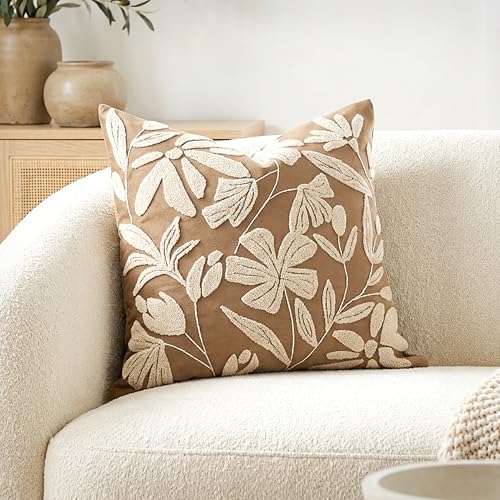BlissBlush 20x20 Throw Pillow Cover, Square Brown Decorative Cushion Cover for Couch Sofa, Embroidered Velvet Farmhouse Accent Pillowcase (Cover Only) - color: Warm Brown, size: 20" x 20" (Pack of 1)