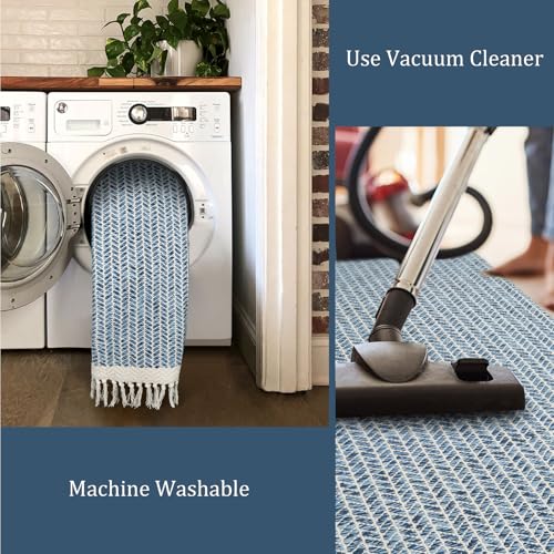 Lahome Belle Boho Bathroom Rugs, Small 2x3 Front Door Bath Mats Lightweight Entryway Rug Woven Cotton Area Rug with Tassels, Farmhouse Blue Throw Rug Washable Low Pile Carpet for Kitchen - color: Blue/Multi, size: 2' x 3' (Rectangular)