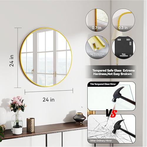 SCWF-GZ 24" Round Mirror Circle Wall Mounted Hanging or Against Wall Metal Frame Dressing Make-up Mirrors for Entryway Bedroom Bathroom Living Room 24 inch Gold - color: Gold, size: 24"L x 24"W