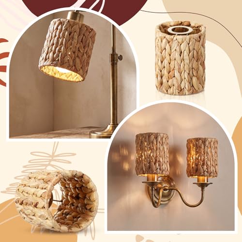 Gerrii 6 Pack Small Rattan Lamp Shades 5.91" (H) x 5"(D) Boho Woven Light Covers, Water Hyacinth Replacement Shades for Pendant Wall Ceiling Fixture, Clip on Bulb Decor