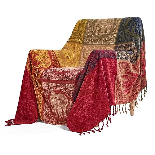 amorus Boho Sofa Cover, Chenille Jacquard Tassels Throw Blankets for Couch Bed, Decorative Sofa Slipcover Protector - Colorful Tribal Pattern (L,86 * 102inch) - color: Colorful Tribal Pattern, size: 86 x 102 in