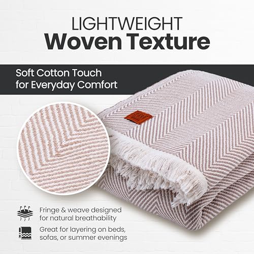 Gold Case Throw Blanket for Bed - 100% Recycled Turkish Cotton Blanket - Elegant Lightweight Soft Throw Blankets for Bed & Living Room - Twin Size Cozy Blankets - 71x90 - Beige - color: Elegant Beige, size: 71x90"