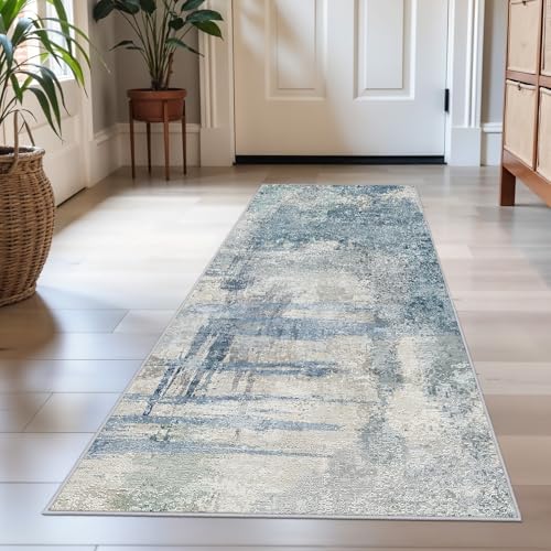 Modern Abstract Runner Rug 2x5: Washable Non-Slip Hallway Runner for Entryway, Kitchen - Soft Low-Pile Carpet with Rubber Backing, Throw Rugs for High Traffic Areas 2x5 Blue - color: Blue, size: 2' x 5' (Rectangular)