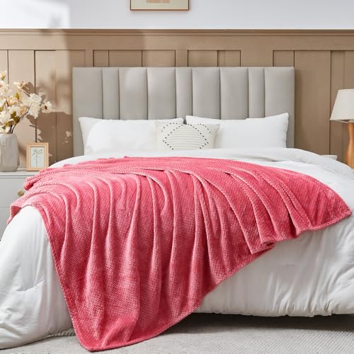 NEWCOSPLAY Super Soft Throw Blanket Coral Pink Premium Silky Flannel Fleece Leaves Pattern Lightweight Bed Blanket All Season Use (Coral Pink, Throw(50"x60")) - color: Coral Pink, size: Throw(50"x60")