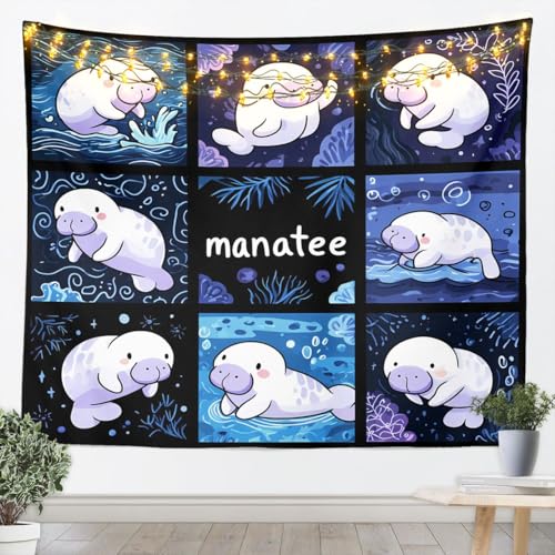 jejeloiu Cute Manatee Tapestry Cartoon Ocean Animal Wall Art Sea Creatures Grid Wall Hanging Blanket for Living Room Bedroom Home Decor Medium 59"x59" - color: Blue Purple Black, size: Medium