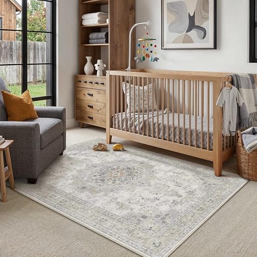 HUGEAR 3x5 Area Rugs Machine Washable Rugs Vintage Grey Living Room Bedroom Rug Non-Shedding Low Pile Persia Throw Carpet Non Slip for Dining Room Kitchen Office Home Decor - color: Beige / Grey, size: 3' x 5' (Rectangular)