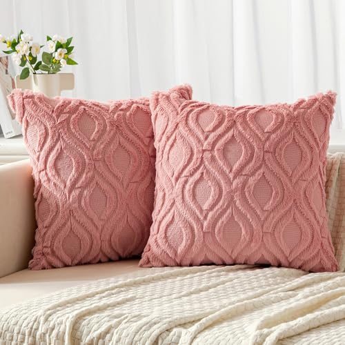 MIULEE Coral Red Throw Pillow Covers 18x18 Inch, Soft Winter Plush Faux Wool Couch Pillow Covers Set of 2 Decorative Farmhouse Boho Throw Pillows for Sofa Living Room Bed - color: Coral Red, size: 18" x 18" (Pack of 2)