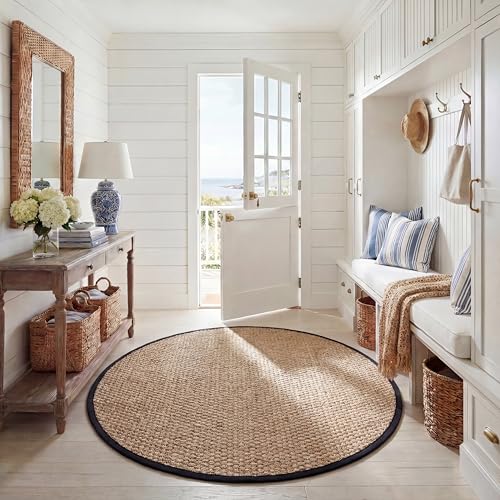 SAFAVIEH Area Rug 6' Round - Natural Fiber Collection - Natural & Black, Seagrass, Basketweave Pattern with Border (NF114C) - color: Natural/Black, size: 6' (Round)