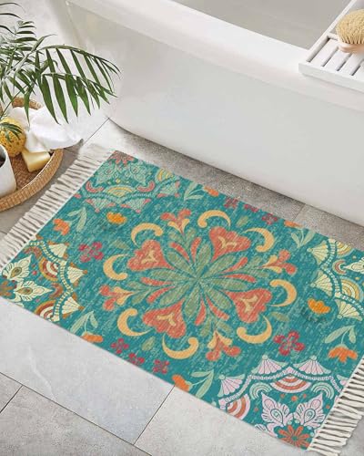 Green Boho Bathroom Rug 2' x 3', Shabby Vintage Ethnic Abstract Floral Art Low Profile Front Entryway Rug with Tassels, Woven Cotton Washable Kitchen Mat Carpet for Foyer Bedroom Back Door Decor - color: Teal, size: 2' x 3' (Rectangular)