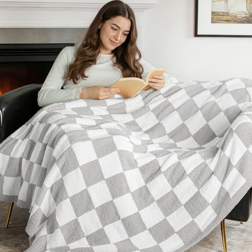 Exclusivo Mezcla Checkered Twin Size Knit Blanket for Bed, Ultra Soft and Warm Reversible Woven Blankets, Cozy Snuggly Throw for Couch Bed and Home Decor, Light Grey, 60"x80" - color: Light Grey, size: Twin (60"x80")