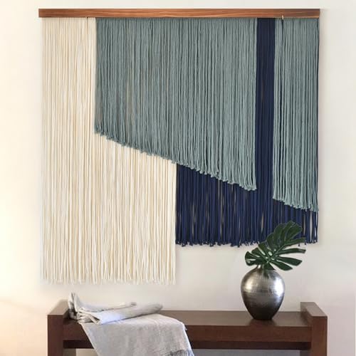 Jakalin Macrame Wall Hanging Boho Yarn Tassel Art Blue Modern Wall Décor for Living Room, Bedroom, Office,39" W x 39" L - color: Ivory and Blue