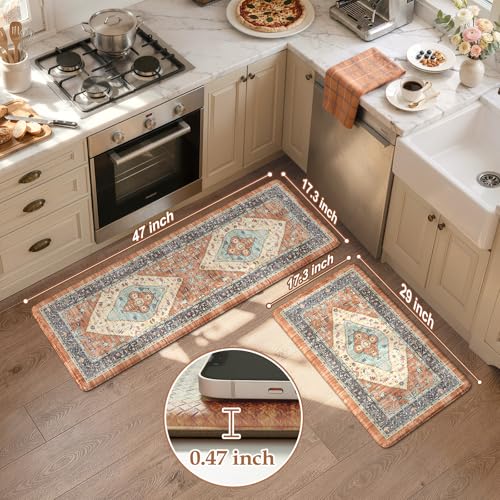 KIMODE Anti Fatigue Kitchen Mat for Floor, Boho Orange Kitchen Rugs Sets of 2, Cushioned Kitchen Floor Mats, Fall Kitchen Rugs Non Slip for Halloween Sink Laundry Desk Home 17"x47"+17"x29" - color: Orange, size: 17.3" x 47 "+ 17.3" x 29 "--0.47 inches