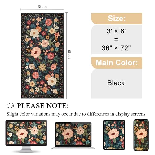 DUKINO 3x6 Runner Rug, Washable Soft Floral Hallway Runner Rug with Non Slip, Low Pile Thin Floor Carpet for Kitchen, Bathroom, Entryway, Laundry, Entryway, Black - color: Black, size: 3' x 6' (Rectangular)