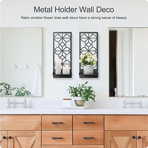 Black Metal Wall Candle Holder Set of 2, Boho Vintage Farmhouse Bathroom Wall Art, 3D Rustic Aesthetic Line Decor for Entryway, Hallway, Bedroom, Office, Living Room - Meaningful Gift (16.5 x 7 in) - color: Black
