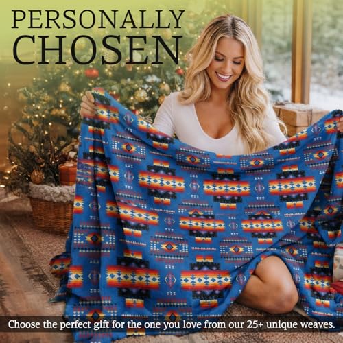 Sacred Thread Aztec Blanket Fleece, Reversible Native American Blanket, Western Throw, Native American Western (Blue Flannel), Queen (79”x95”) - color: Blue Flannel, size: Queen (79”x95”)