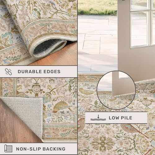 Hazo Haus Boho Bathroom Runner Rug 2x5 - Floral & Bird Runner Rug for Kitchen Floor, Hallway, Laundry Room, Bedroom, Entrance, Beige Neutral Vintage Decor, Washable Non Slip Low Pile - color: Beige, size: 2' x 5' (Runner)