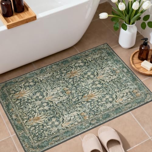 Vintage Floral Entryway Rug 2X3 Rugs,Soft Non-Slip Machine Doormat for Entrance,Stain Resistant Small Area Rug for Bedroom, Kitchen, Laundry, Bathroom - color: Darkgreen, size: 2' x 3' (Rectangular)