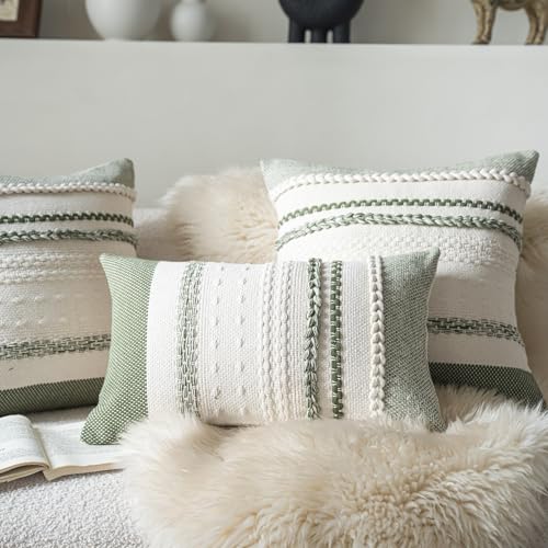 Cethom Boho Throw Pillow Covers 12x20 Inch Set of 2, Green Textured Decorative Couch Pillow Cases for Farmhouse Home Decor, Accent Cushion Cover for Sofa, Bed, Living Room, Bedroom - color: Green, size: 20" x 12" (Pack of 2)