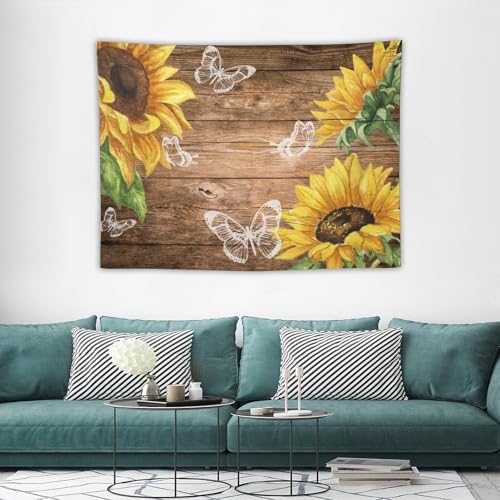 Sunflower Tapestry,Watercolor Floral Rustic Wooden Plank Retro Barn Door Butterfly Tapestry for Bedroom,Nature Landscape Tapestry Wall Hanging for Living Room Dorm Home Decor,40"x30" - color: Sunflower-3, size: W40xL30in